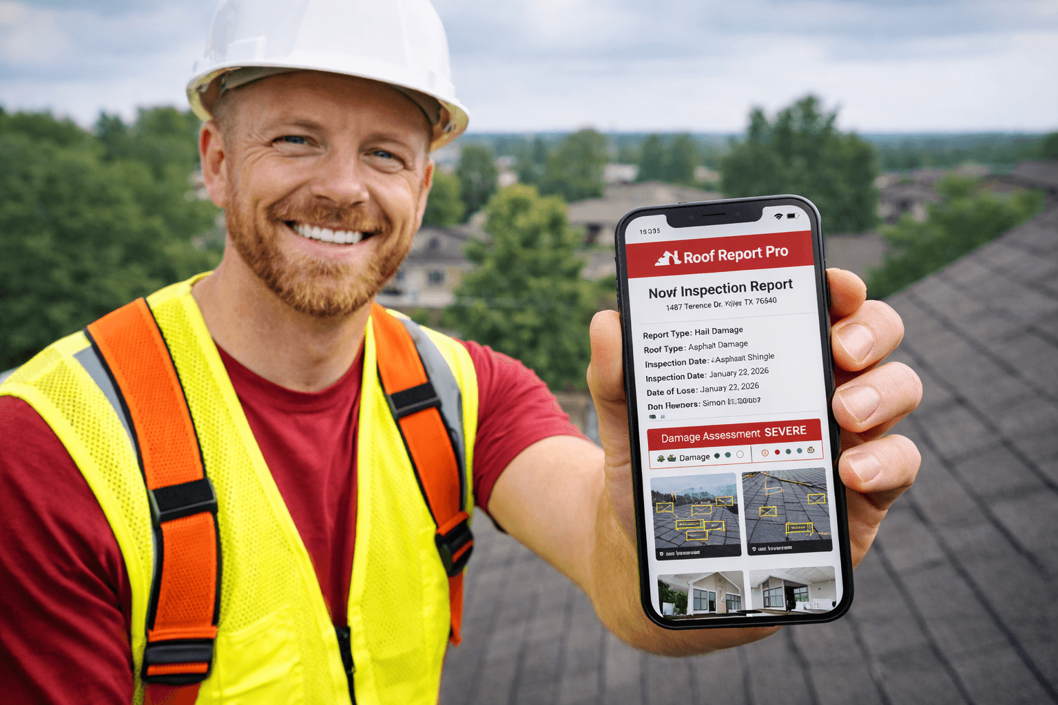 Roof inspector showing Roof Report Pro app with AI damage assessment on mobile phone